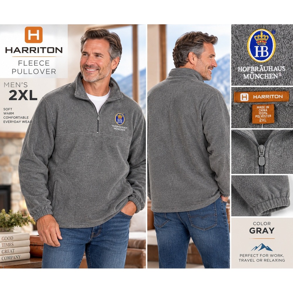 NWT HARRITON Hofbrauhaus Munchen Men 2XL Gray Fleece 1/4 Zip Pullover M775 #1898